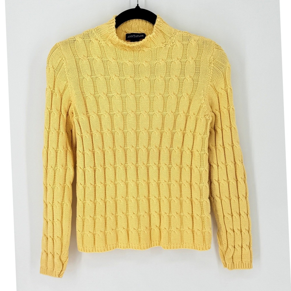 Ann Taylor Y2k Cropped Cable Knit Butter Yellow Mock Neck Preppy Sweater Size S